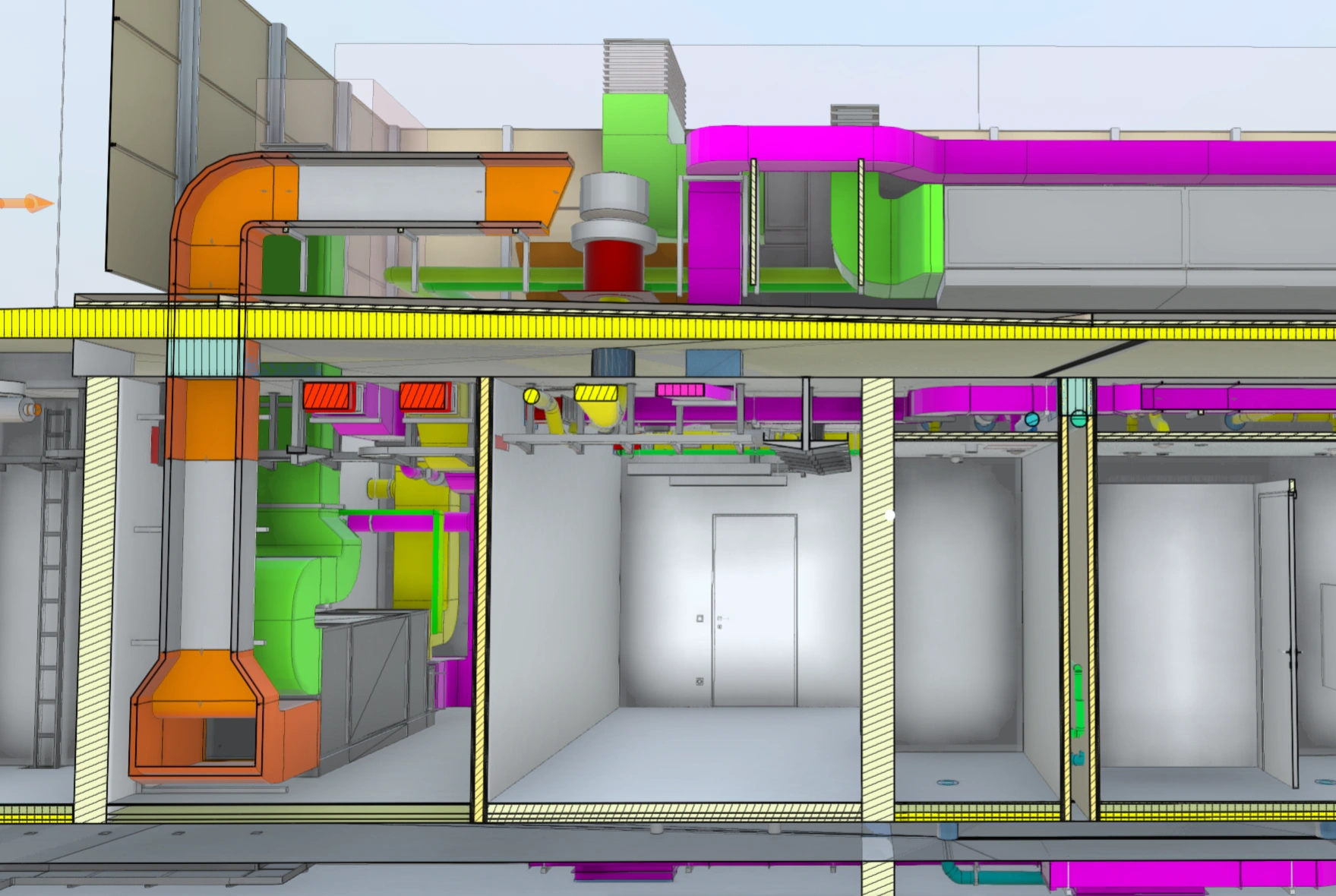 Schnitt durch das 3D-Modell mit der koordinierten Fachplanung Heizung, Lüftung, Sanitär und Elektro