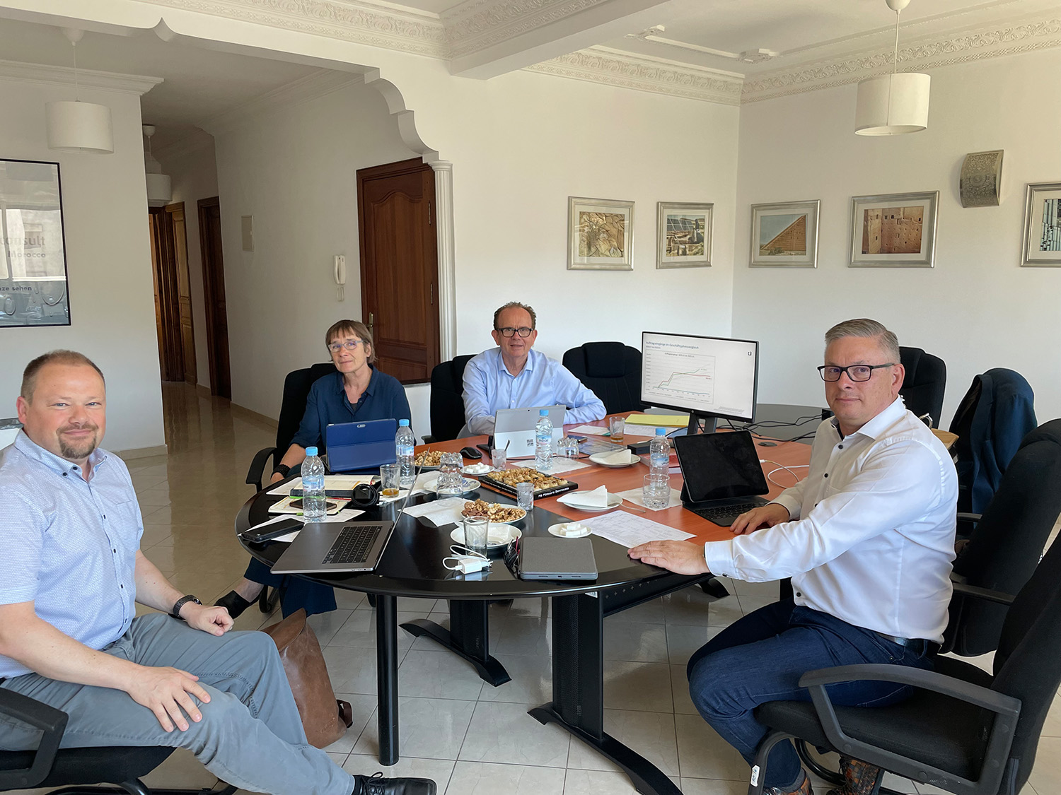 Die Gesellschafterversammlung der IPROconsult Morocco sitzt gemeinsam an einem Schreibtisch